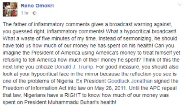What a hypocritical broadcast -  Reno Omokri Reacts to President Buhari